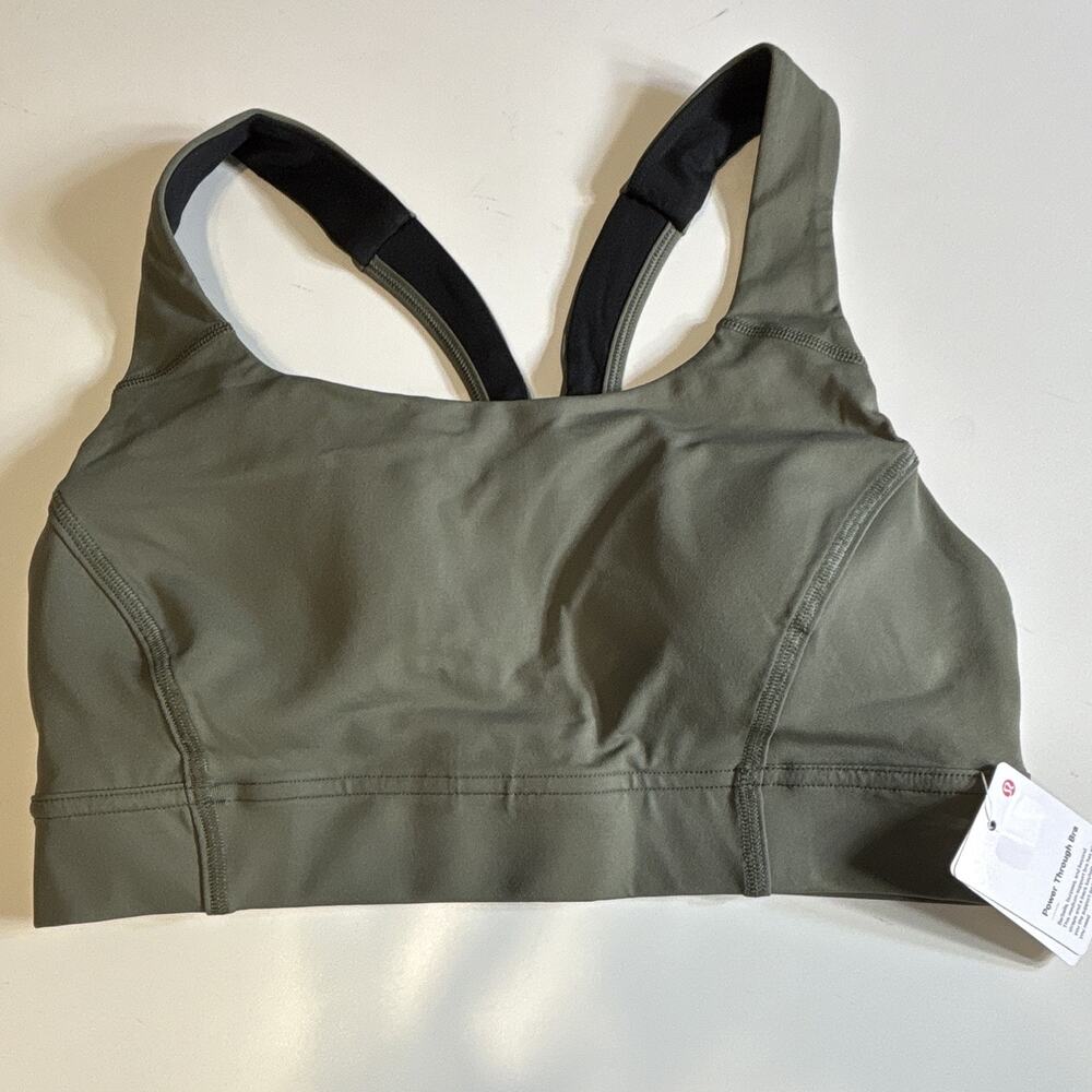 lululemon Power Through Sports Bra Wireless Racerback Size 8 B Green/Black